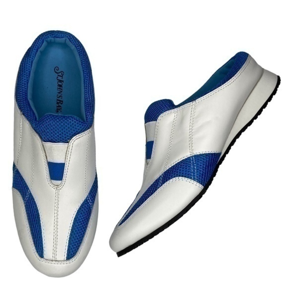 St Johns Bay Shoes White Blue‎ Athletic Leather and Fabric Mule Loafer Size 7